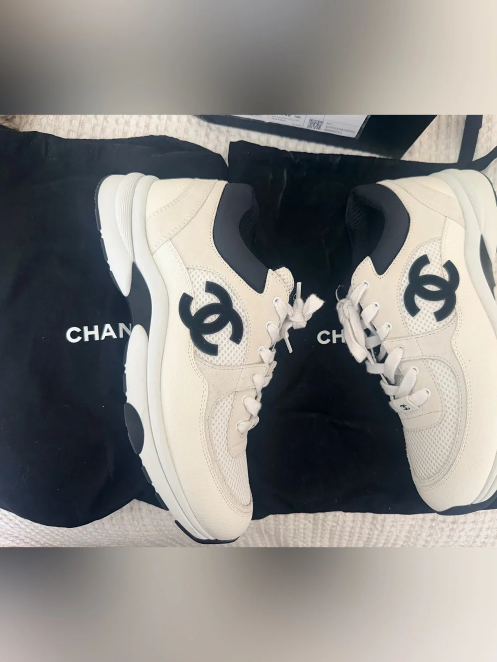 CHANEL Cream and Black Leather Logo Sneakers